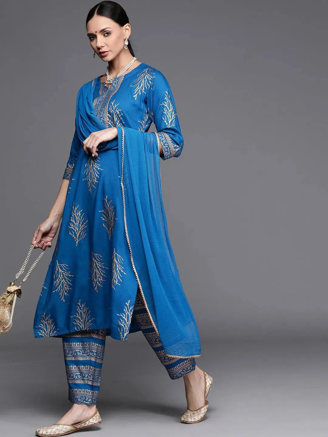 Blue Printed Rayon Suit Set - Libas