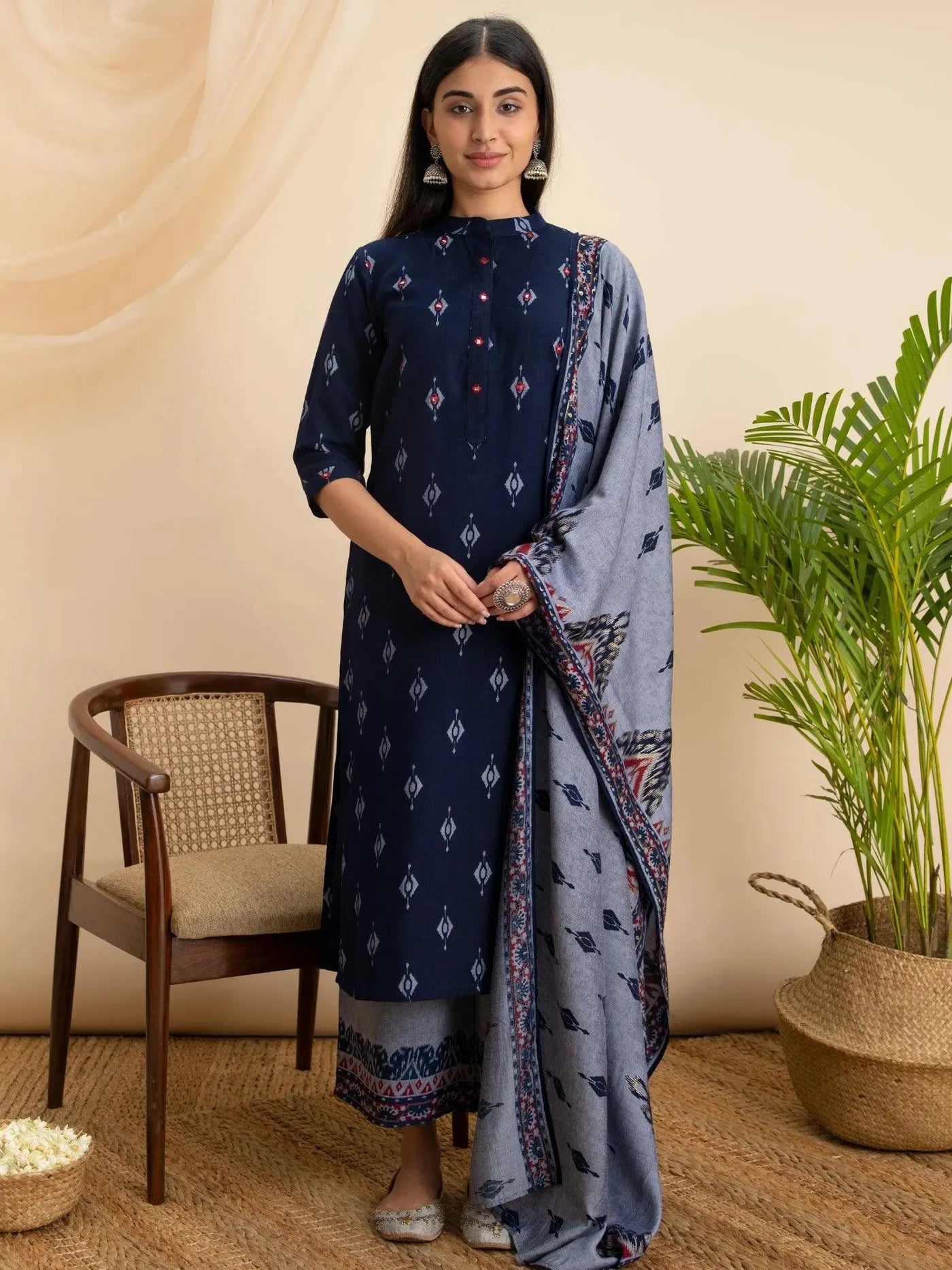 Blue Printed Rayon Suit Set - Libas