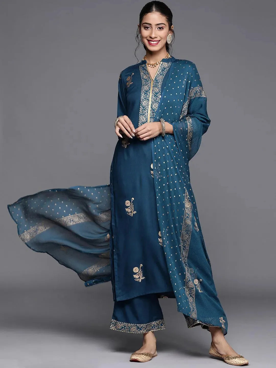 Blue Printed Viscose Rayon Suit Set - Libas