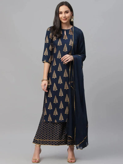 Blue Printed Rayon Suit Set - Libas