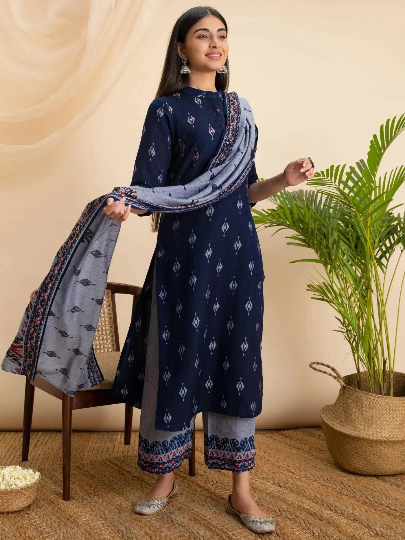 Blue Printed Rayon Suit Set - Libas