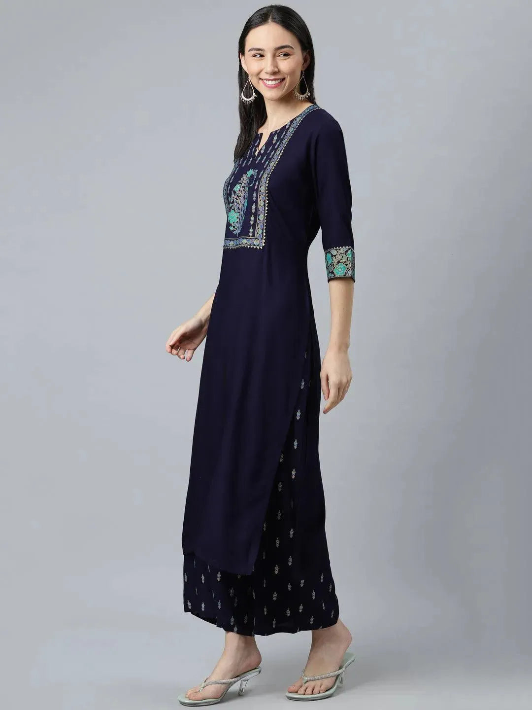 Blue Printed Rayon Suit Set - Libas 
