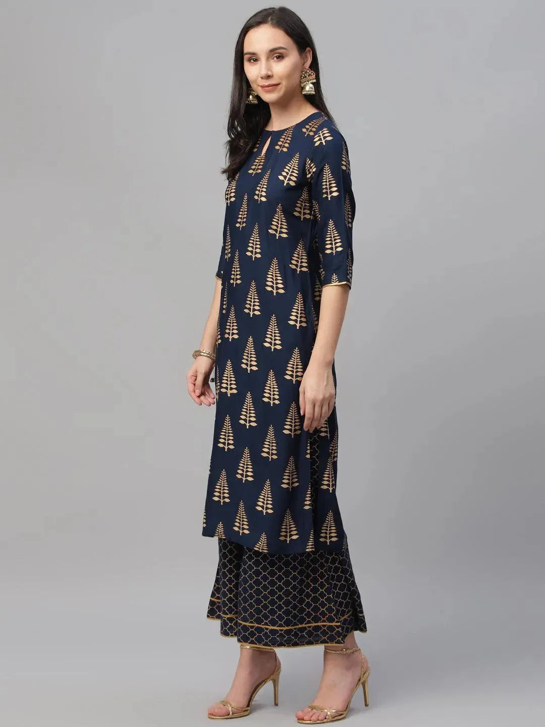 Blue Printed Rayon Suit Set - Libas 