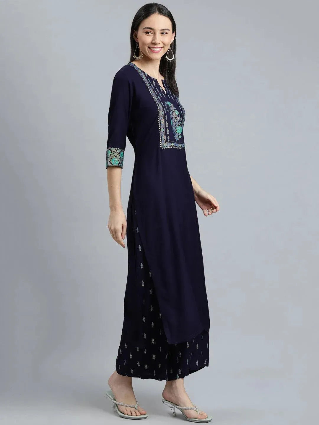 Blue Printed Rayon Suit Set - Libas 