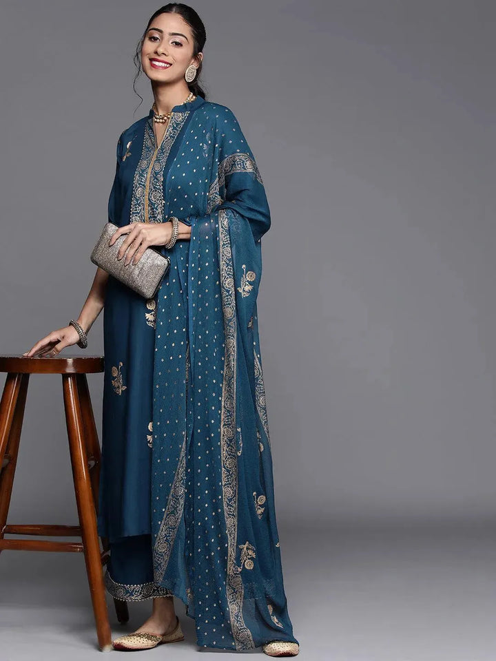 Blue Printed Viscose Rayon Suit Set - Libas