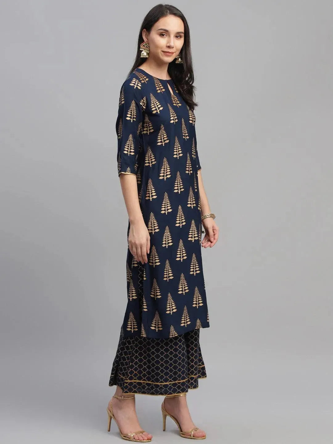 Blue Printed Rayon Suit Set - Libas