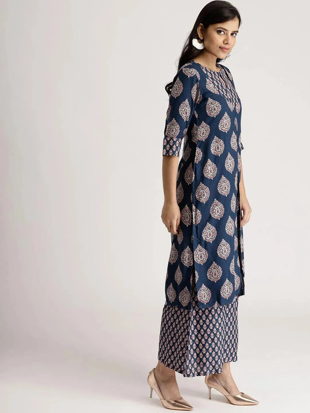 

Blue Printed Rayon Straight Kurta With Palazzos & Jacket