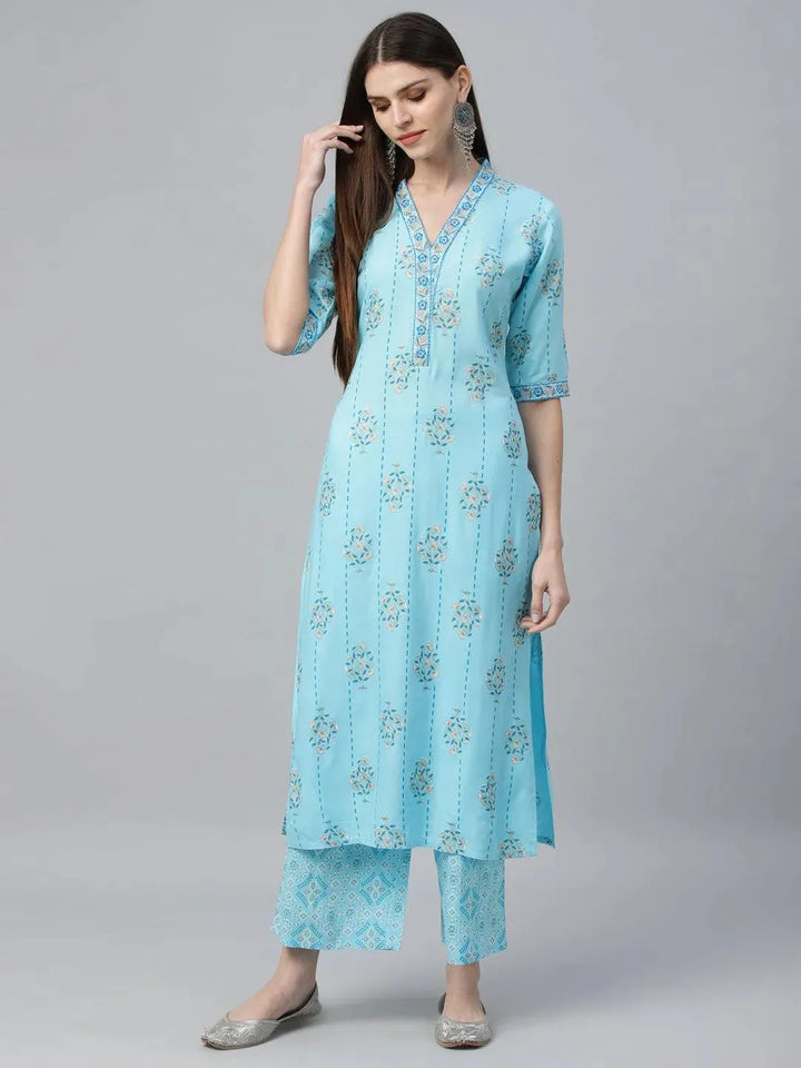 Blue Printed Rayon Kurta Set - Libas