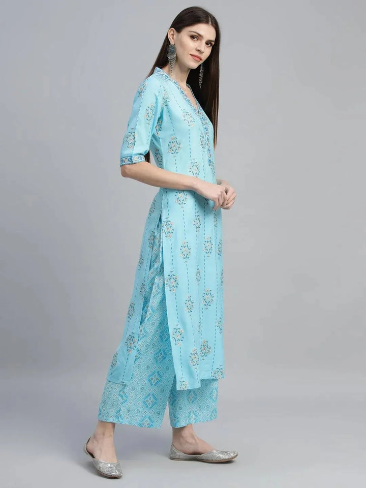 Blue Printed Rayon Kurta Set - Libas