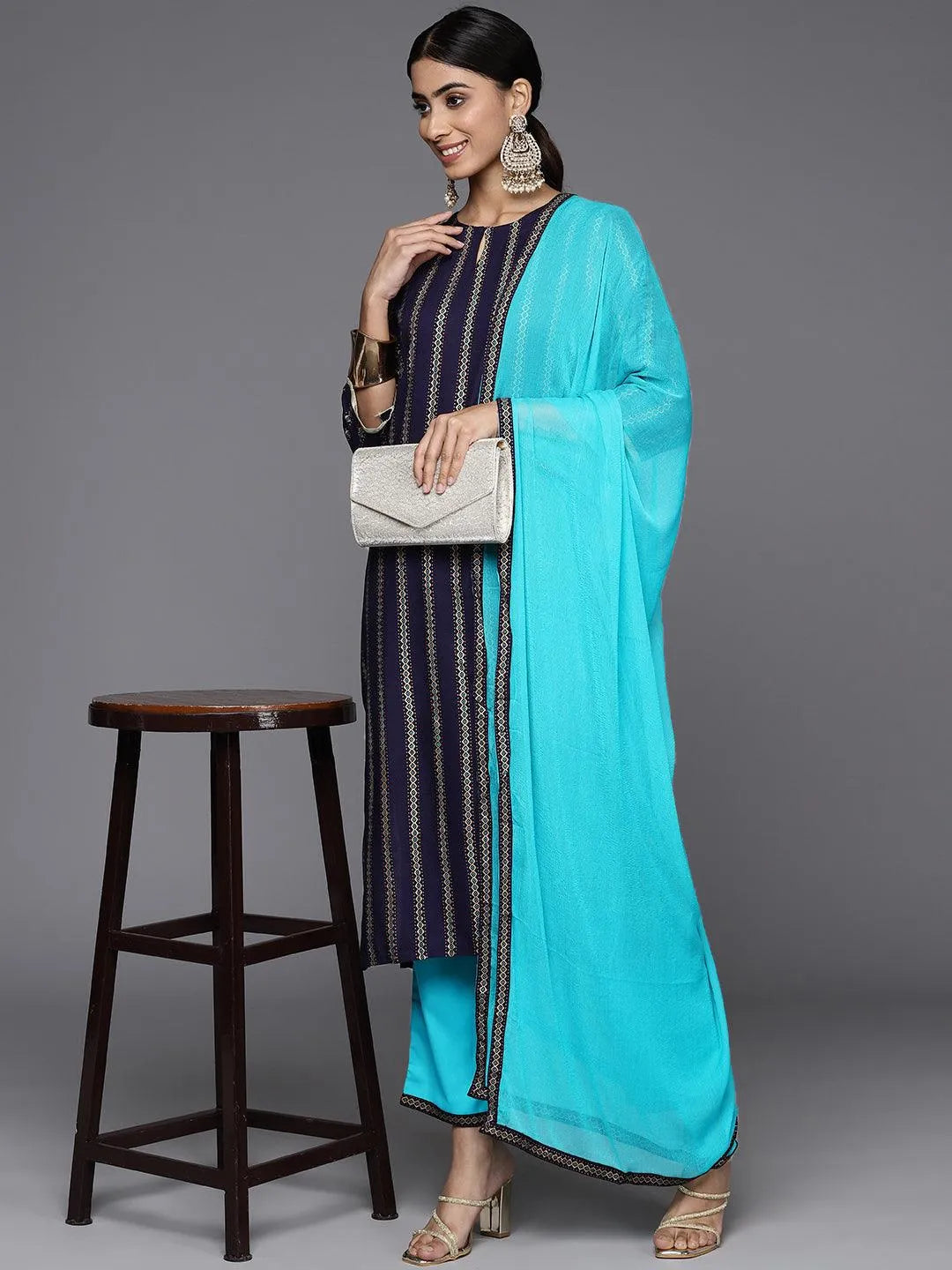 Blue Printed Rayon Straight Kurta With Trousers & Dupatta - Libas 