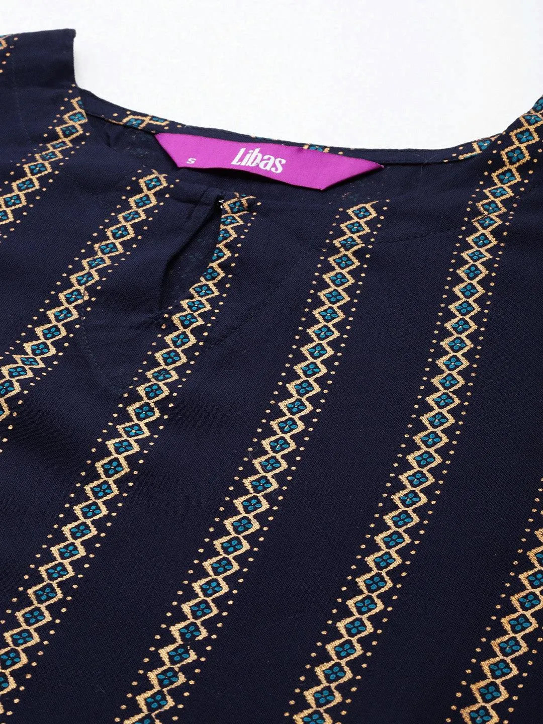 Blue Printed Rayon Straight Kurta With Trousers & Dupatta - Libas 