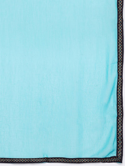 Blue Printed Rayon Straight Kurta With Trousers & Dupatta - Libas