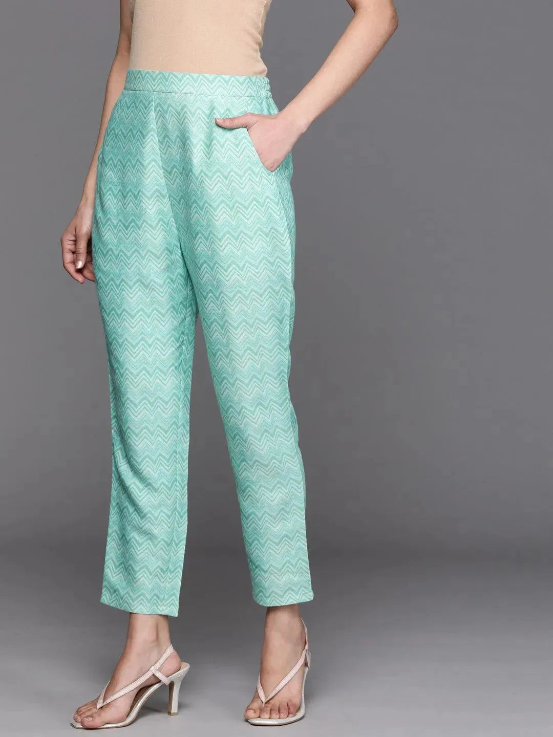 Blue Printed Rayon Trousers - Libas 