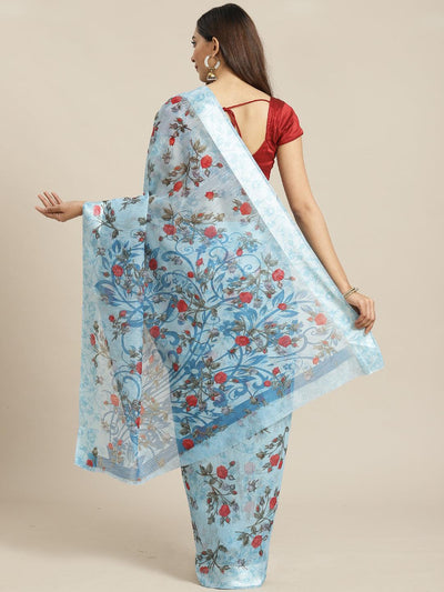Blue Printed Satin Saree - Libas