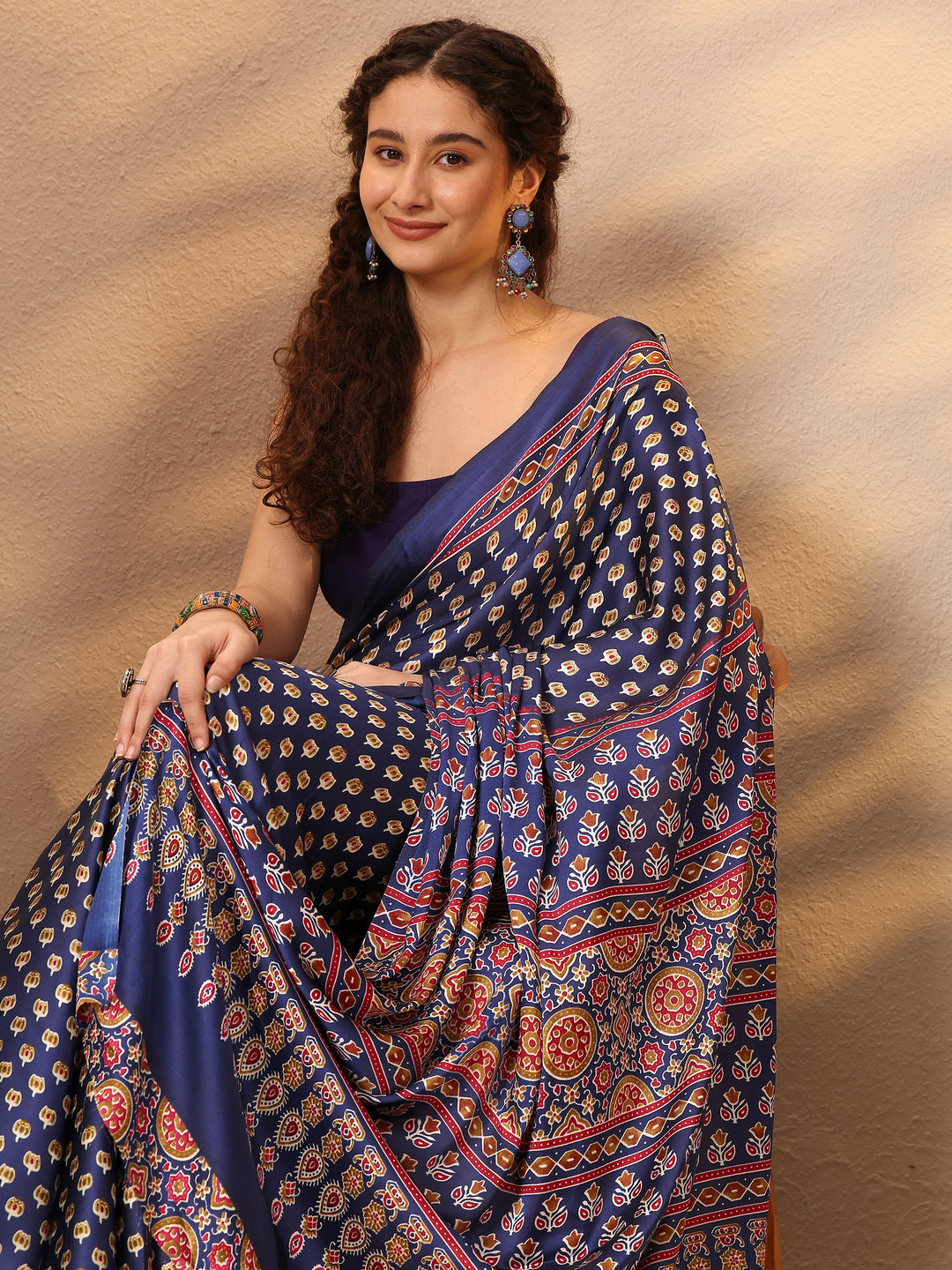 Blue Printed Satin Saree With Unstitched Blouse Piece
