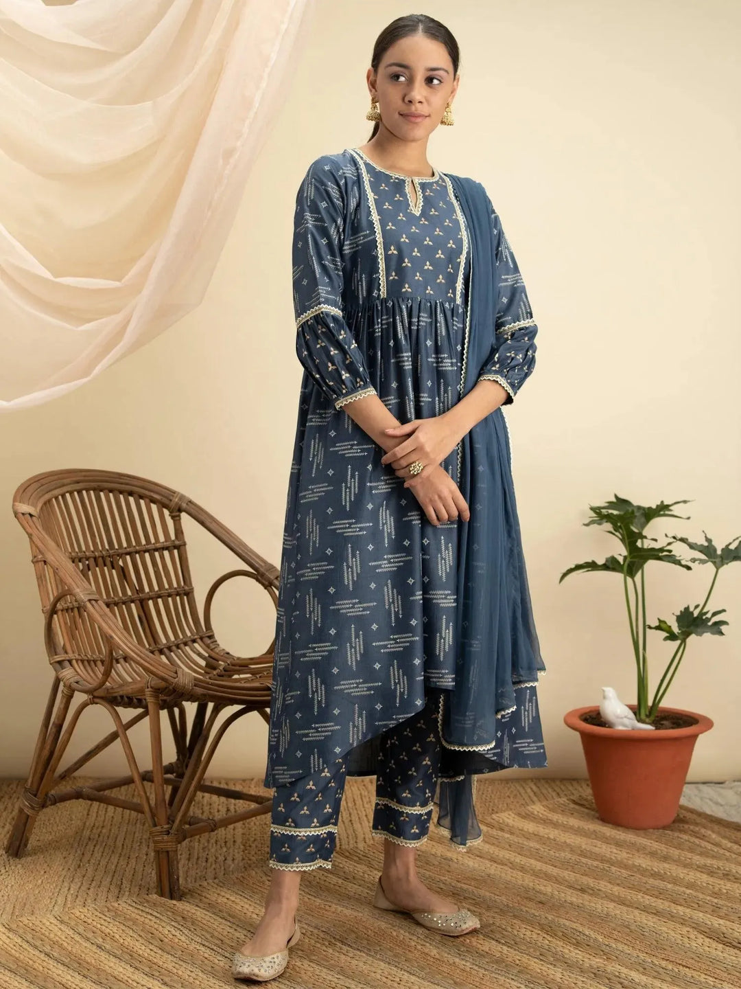 Blue Printed Silk A-Line Suit Set - Libas