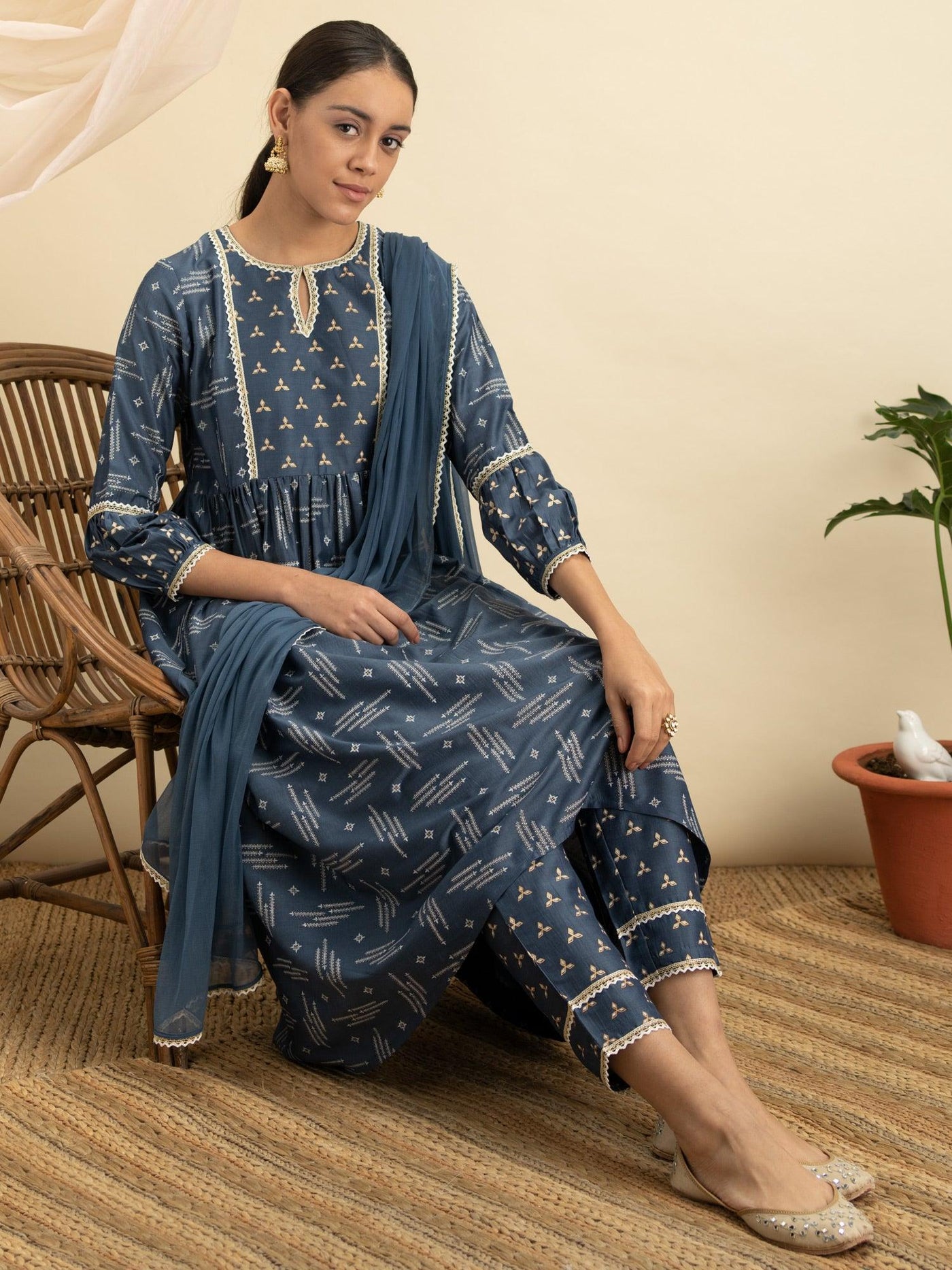 Blue Printed Silk A-Line Suit Set - Libas