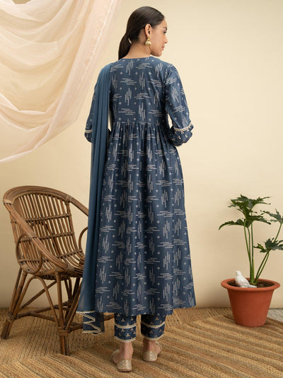 Blue Printed Silk A-Line Suit Set - Libas