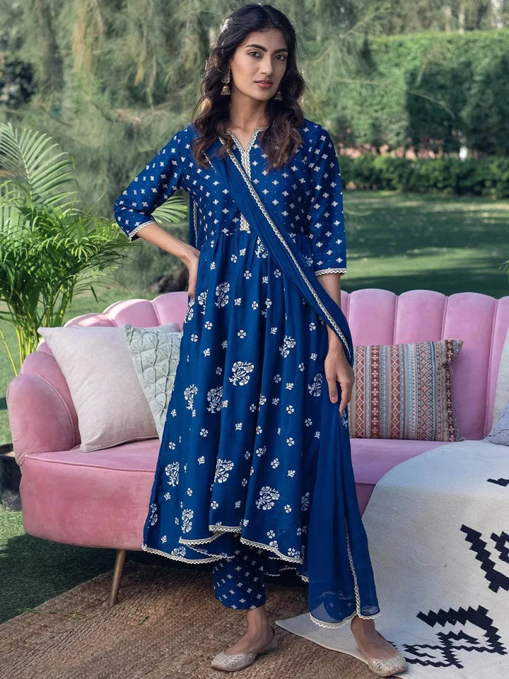 Blue Printed Silk Suit Set - Libas