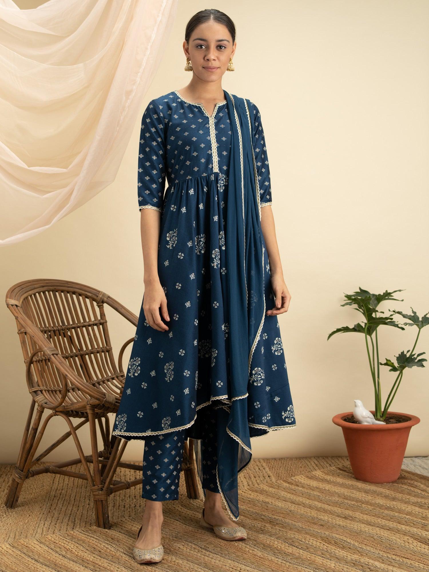 Blue Printed Silk Anarkali Kurta With Dupatta
