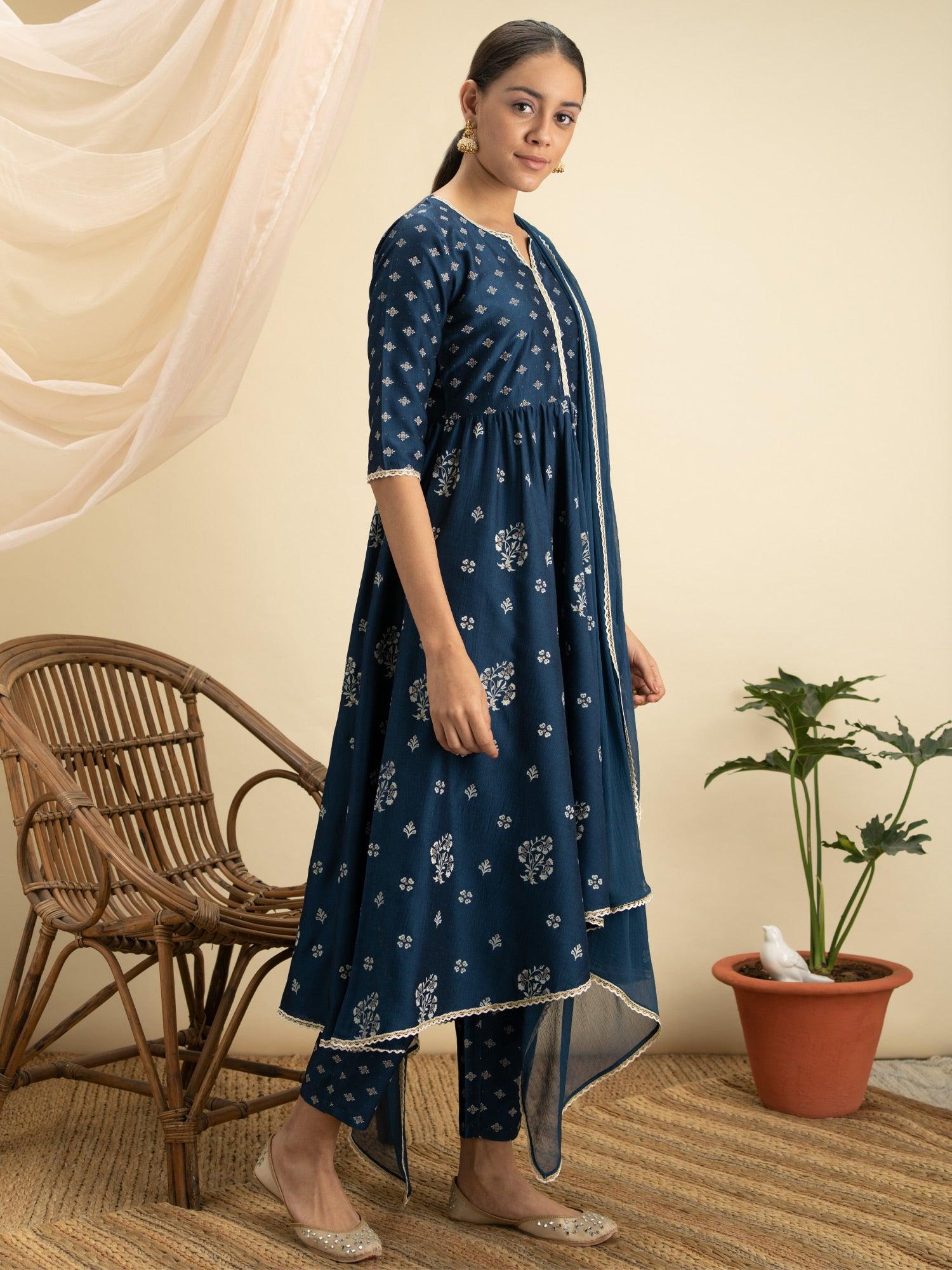 Blue Printed Silk Anarkali Kurta With Dupatta
