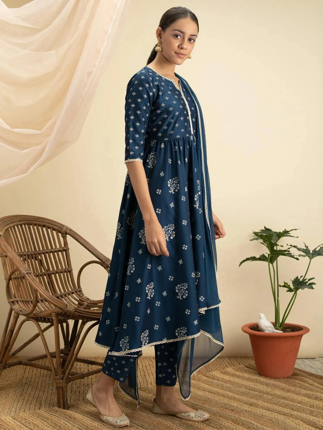 Blue Printed Silk Suit Set - Libas 