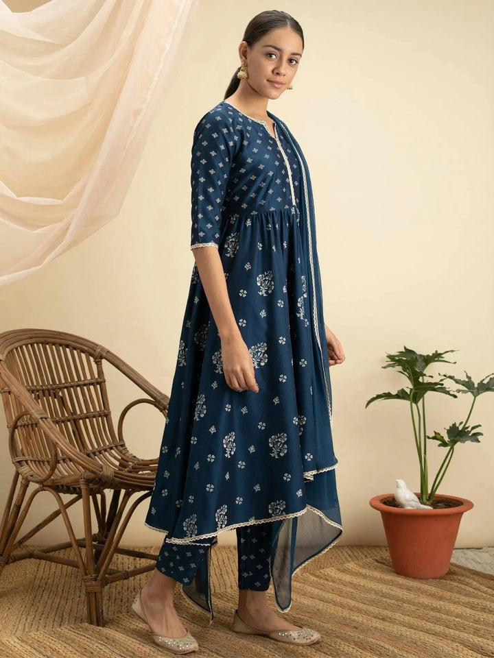 Blue Printed Silk Suit Set - Libas