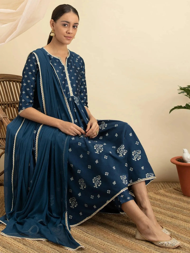 Blue Printed Silk Suit Set - Libas