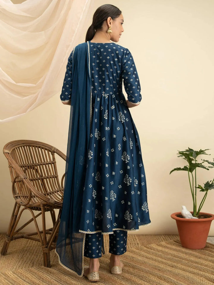 Blue Printed Silk Suit Set - Libas
