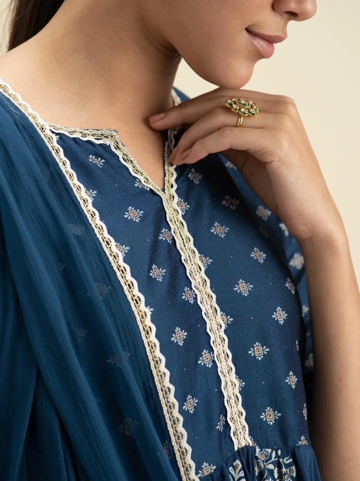 Blue Printed Silk Suit Set - Libas