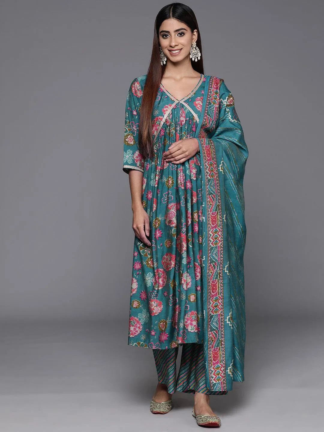 Blue Printed Silk Blend A-Line Kurta With Palazzos & Dupatta - Libas