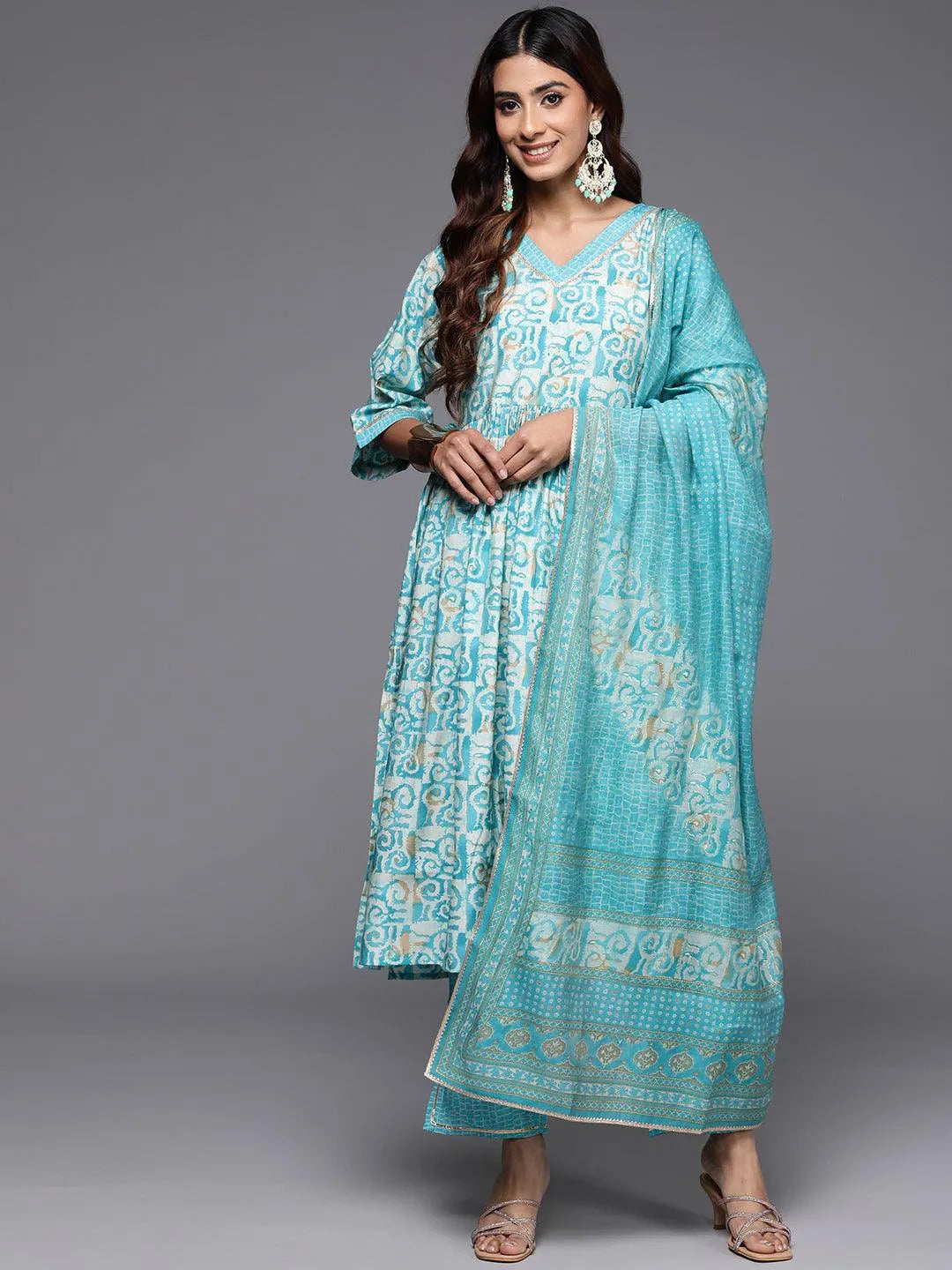 Plus Size Blue Printed Cotton Straight Kurta With Palazzos & Dupatta