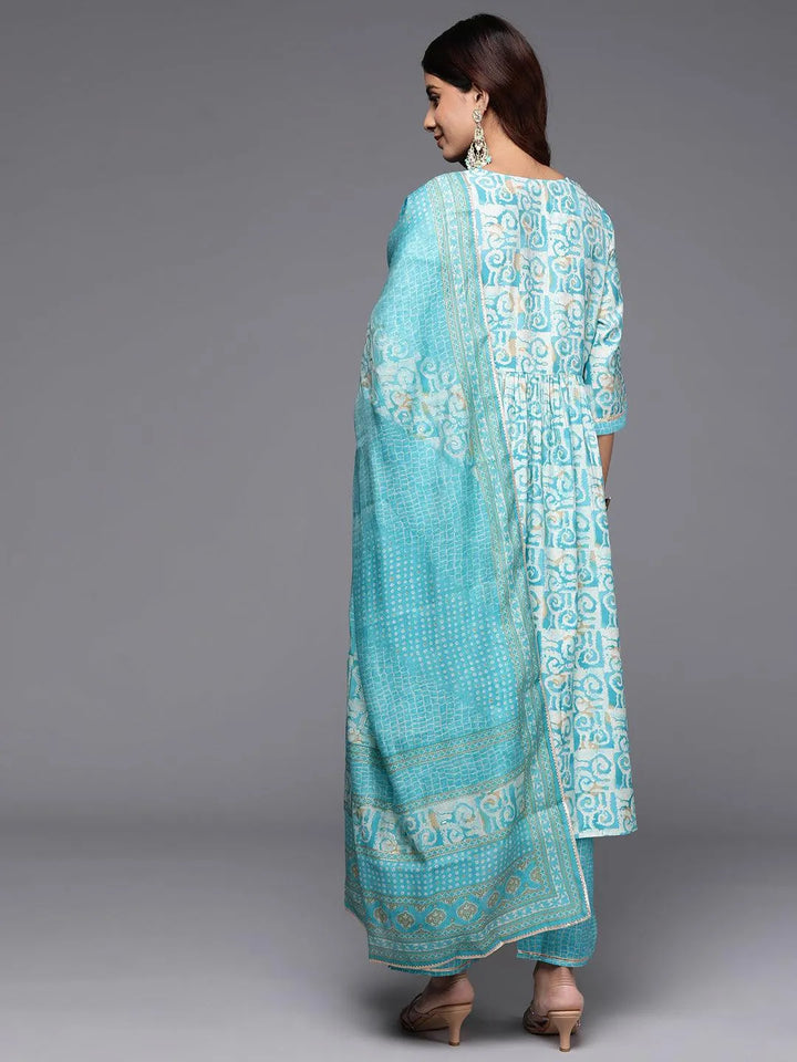 Blue Printed Silk Blend A-Line Kurta With Palazzos & Dupatta - Libas