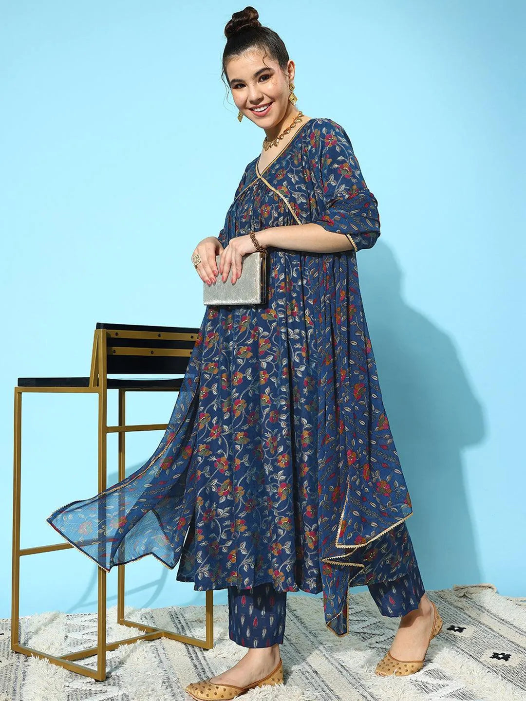 Blue Printed Silk Blend A-Line Kurta With Trousers & Dupatta - Libas