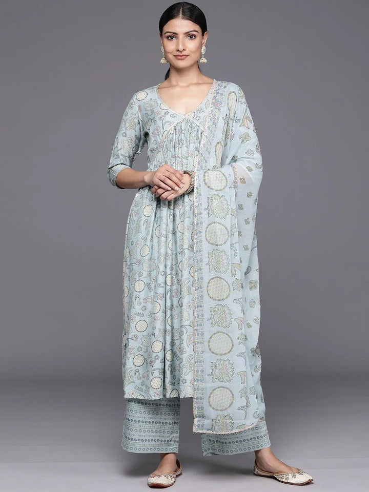 Blue Printed Silk Blend A-Line Kurta With Trousers & Dupatta - Libas