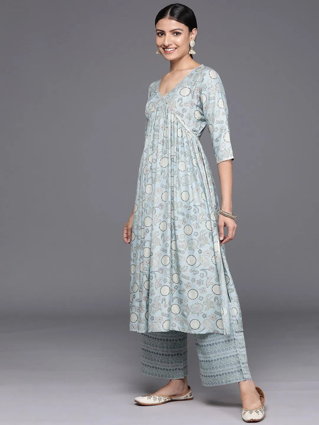 Blue Printed Silk Blend A-Line Kurta With Trousers & Dupatta - Libas 