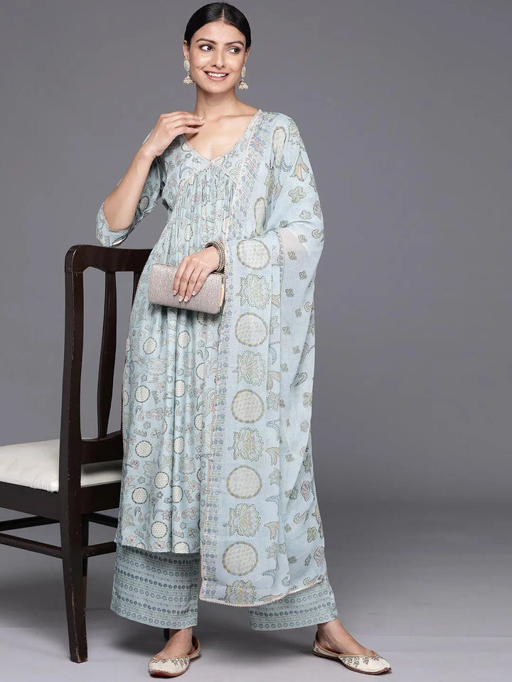 Blue Printed Silk Blend A-Line Kurta With Trousers & Dupatta - Libas