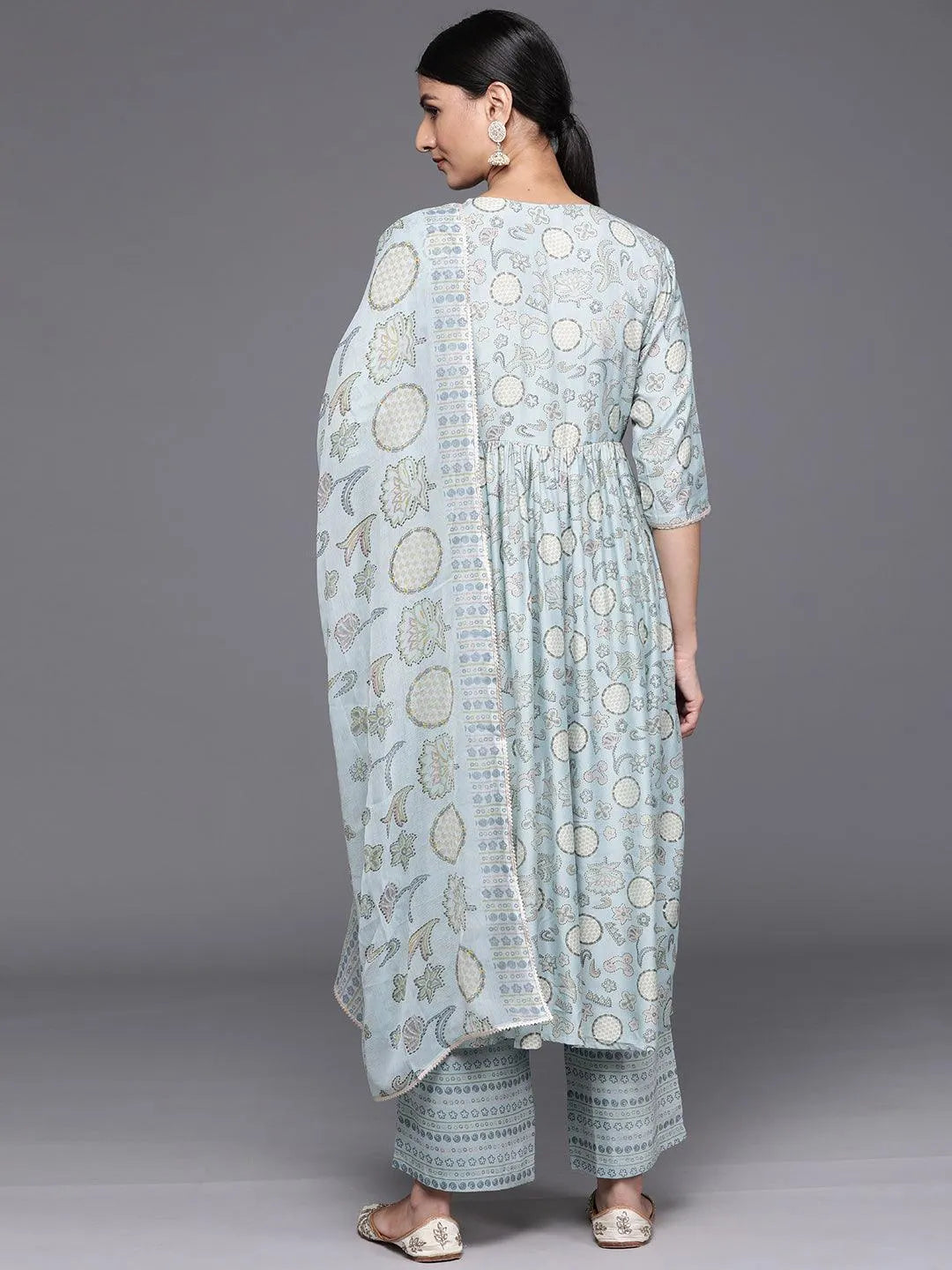 Blue Printed Silk Blend A-Line Kurta With Trousers & Dupatta - Libas 