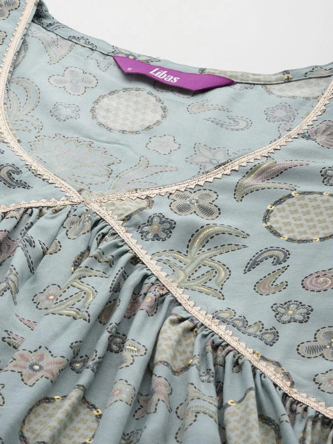 Blue Printed Silk Blend A-Line Kurta With Trousers & Dupatta - Libas 