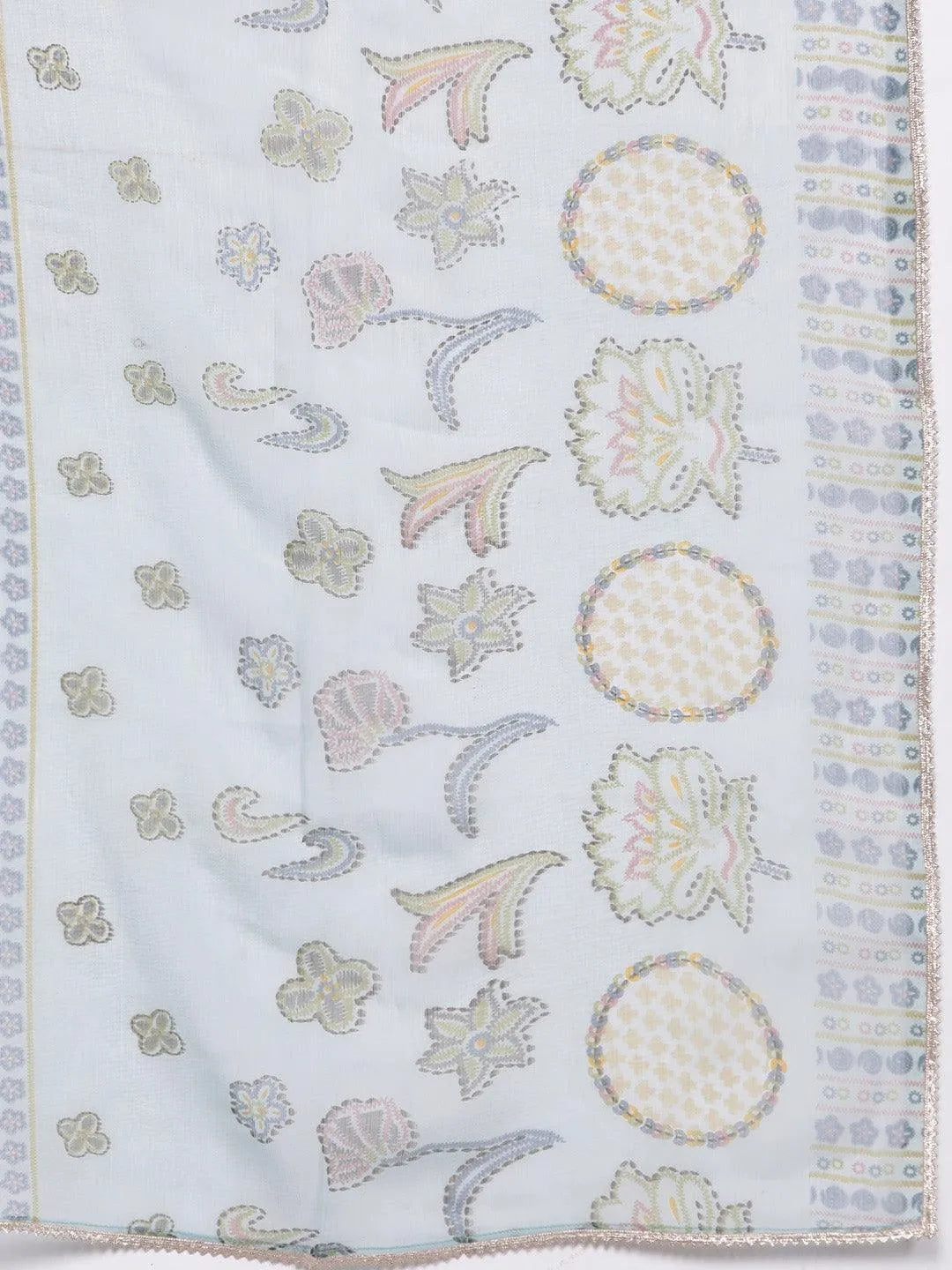 Blue Printed Silk Blend A-Line Kurta With Trousers & Dupatta - Libas 
