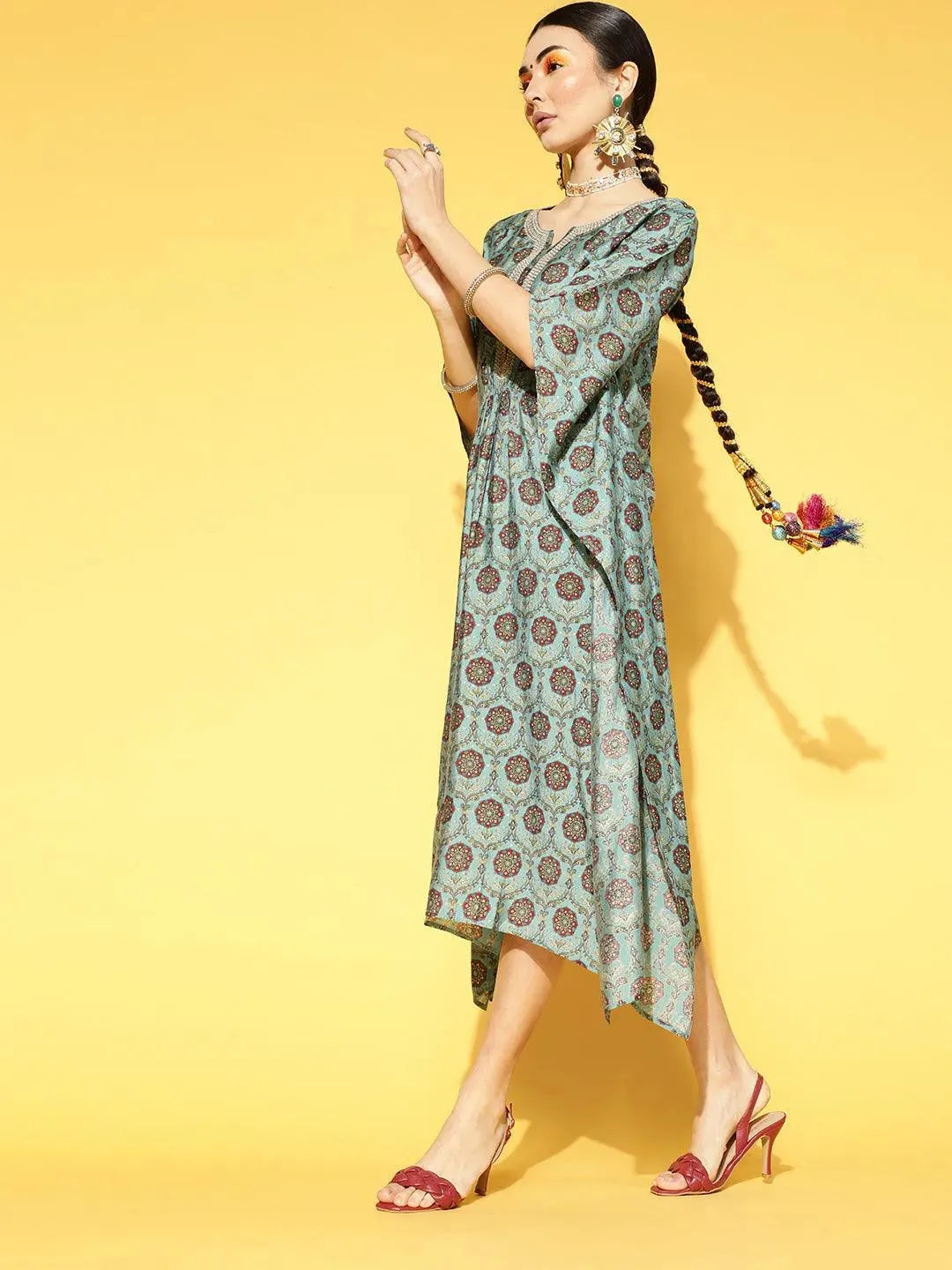 Blue Printed Silk Blend Dress - Libas 