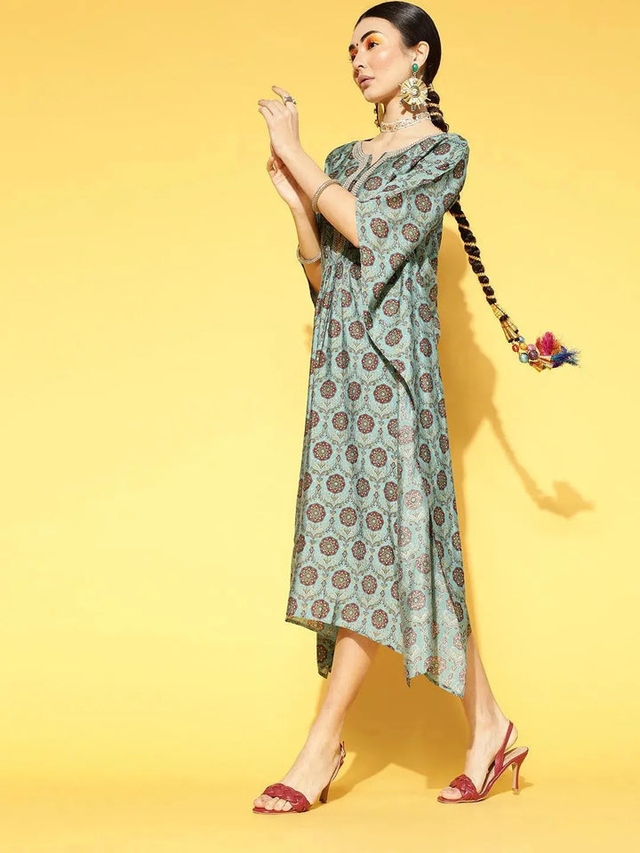 Blue Printed Silk Blend Dress - Libas