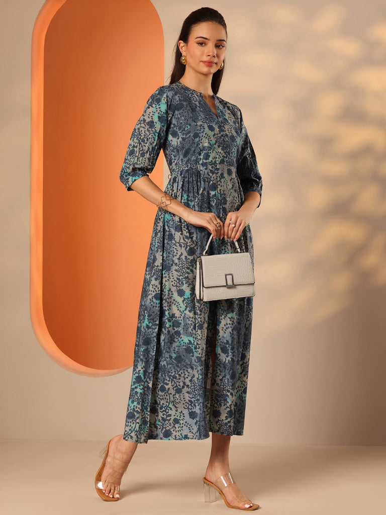 Libas Blue Printed Silk Blend Fit And Flare One Piece Dress