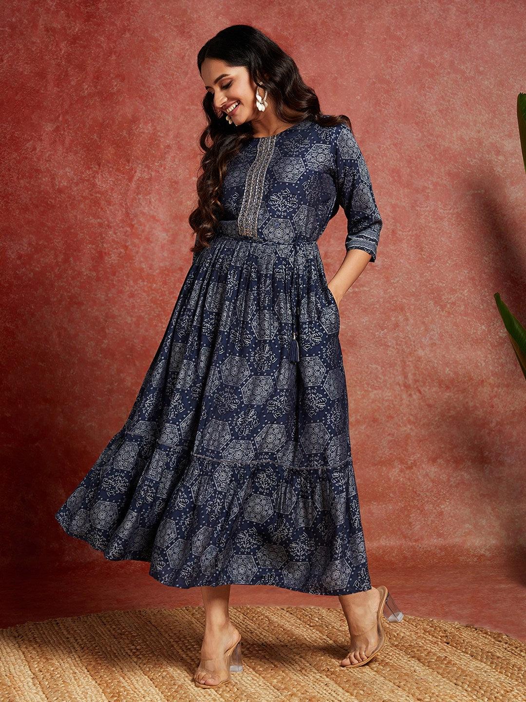 Blue Printed Silk Blend Fit and Flared Dress