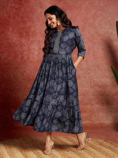 Blue Printed Silk Blend Fit and Flared Dress - Libas