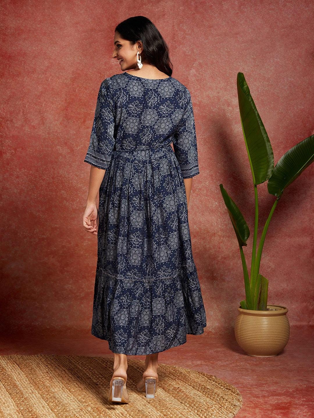 Blue Printed Silk Blend Fit and Flared Dress