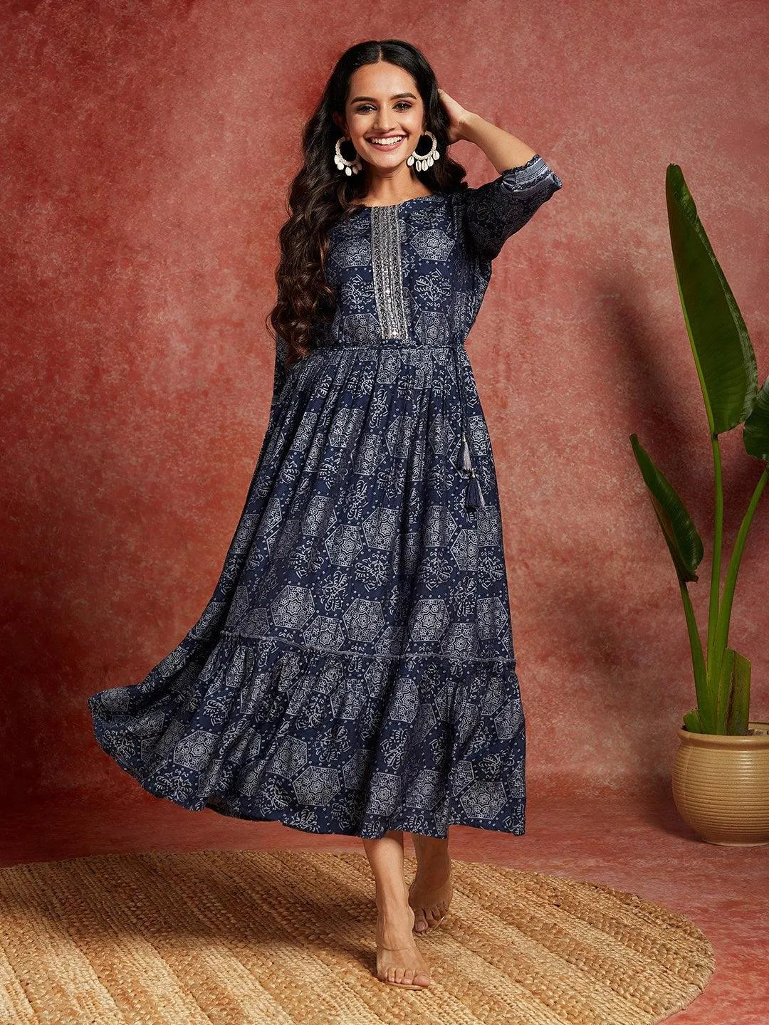 Blue Printed Silk Blend Fit and Flared Dress - Libas 
