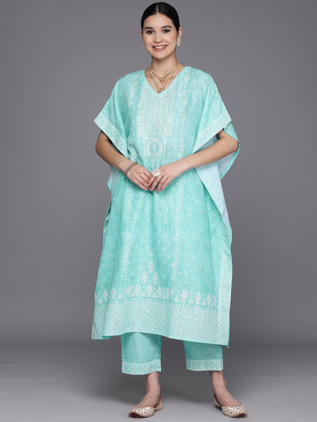 Blue Printed Silk Blend Kaftan Kaftan With Trousers