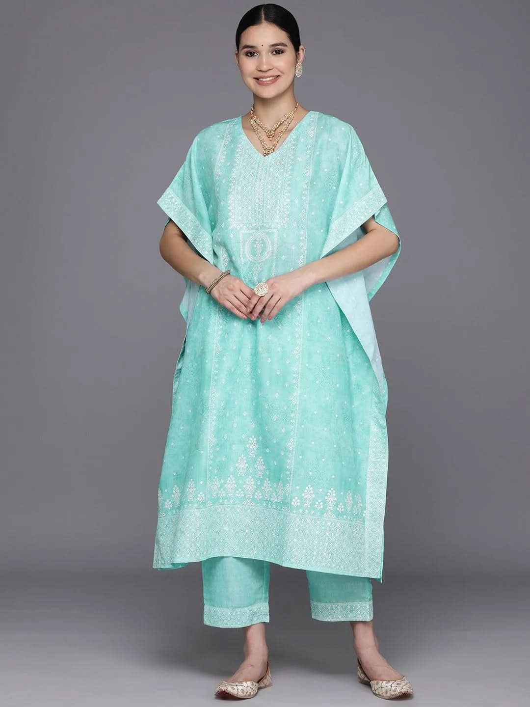 libas Blue Printed Silk Blend Kaftan With Trousers-picture-40