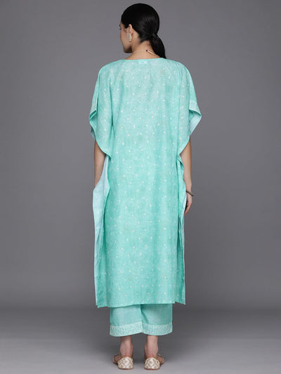 Blue Printed Silk Blend Kaftan Kurta Set With Trousers - Libas